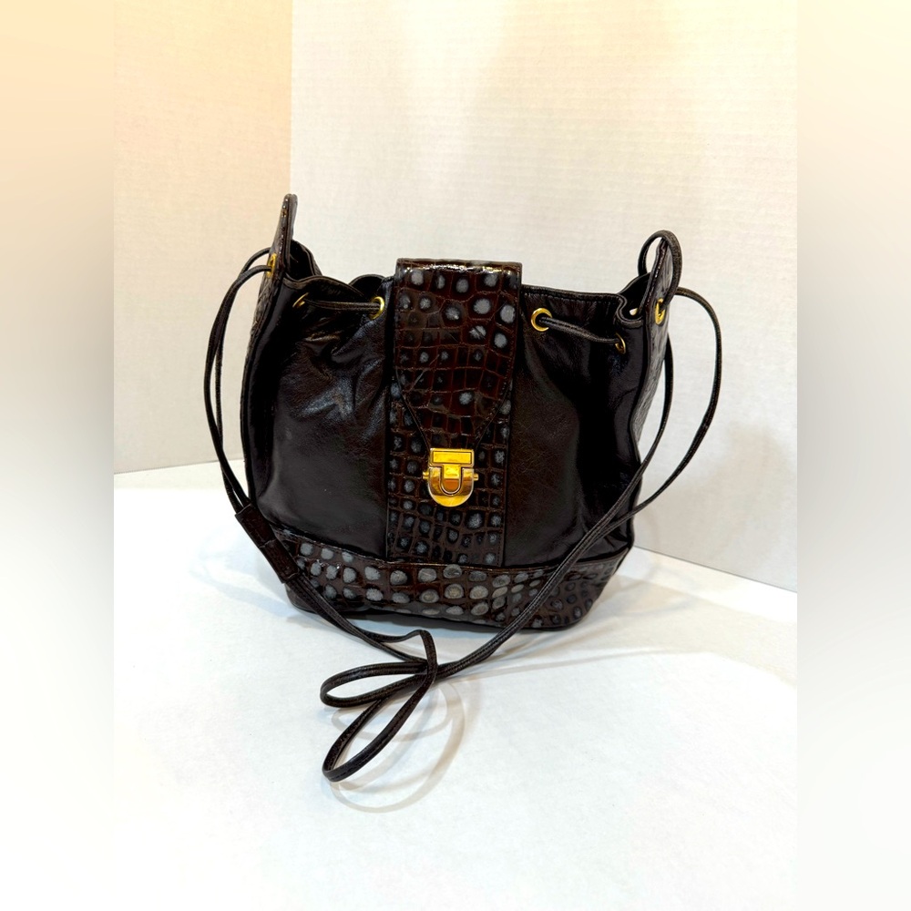 Paris Handbags Genuine Leather New York Dark Brown/Black Bucket Shoulder Bag Vtg
